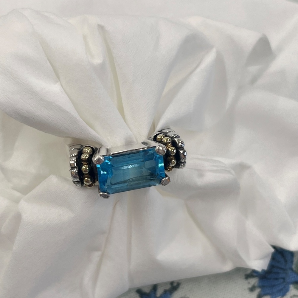 Lagos Blue Topaz Caviar Sterling Silver & 18K Yellow Gold Ring Size 7 - Picture 10 of 16